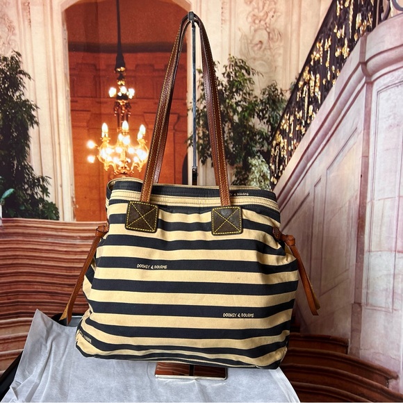Dooney & Bourke Handbags - Dooney & Bourke Brown and Tan Striped Tote Bag with Leather Handles and Trim